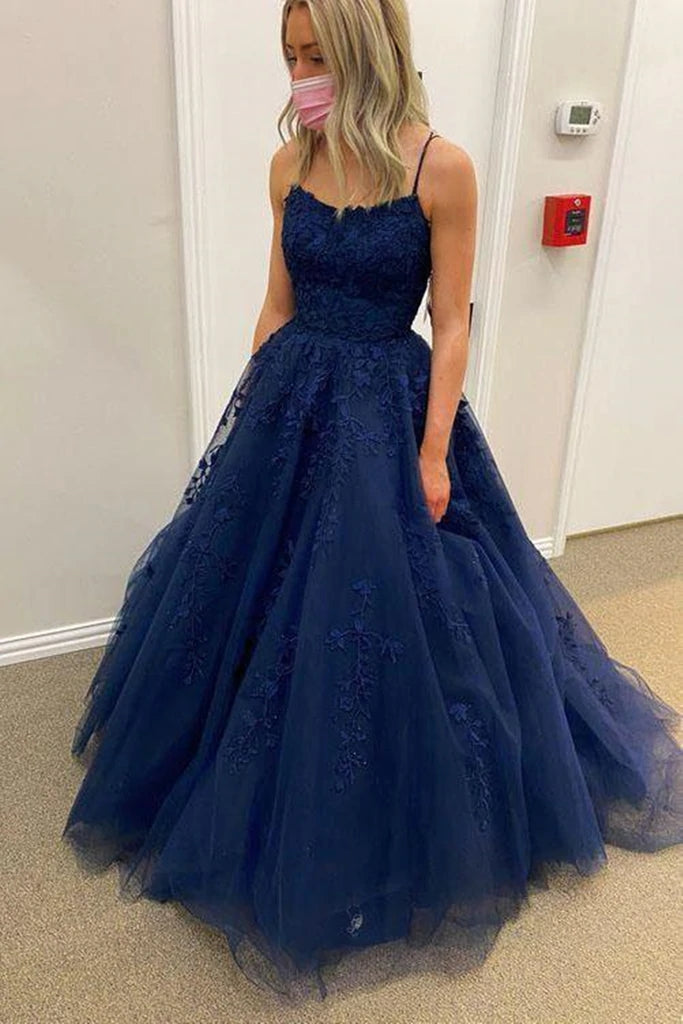 Navy Blue Prom Dresses Lace 2022 A Line ...